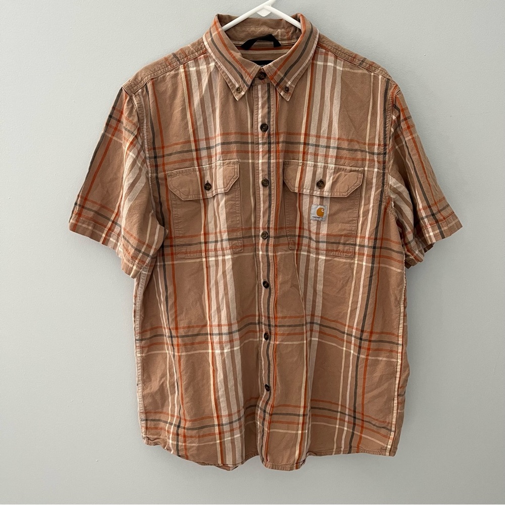 Carhartt Shirt Mens Large Brown Plaid Pockets Cotton Button Up Loose Fit Casual
